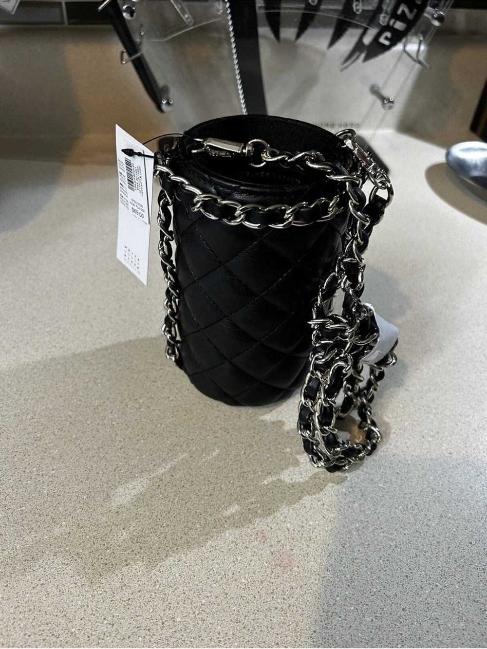 White House Black Market Black Quilted chain crossbody drink holder NWT - Picture 2 of 5